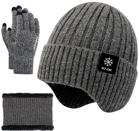 FOSDICK Set Guanti Cappello e Sciarpa Uomo Donna, Unisex Berretto in Maglia Scaldacollo Guanti Touch Screen Invernali Beanie Scalda Collo guanti Termici Cappellino Paracollo Gloves Winter, Grigio