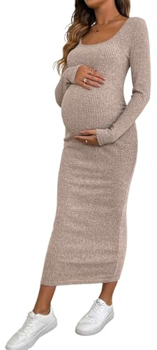 GORGLITTER Vestido ajustado para mujer, elegante vestido de punto para embarazadas, vestido de manga larga, vestido de maternidad, monocolor, vestido informal para otoño, rosa claro, L