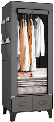 OPPAIYA Armadio in tessuto sottile, robusto, piccolo con 2 cassetti, armadio pieghevole con 8 tasche laterali e copertura, guardaroba per campeggio e camera da letto, nero, 59 x 45 x 160 cm, nero