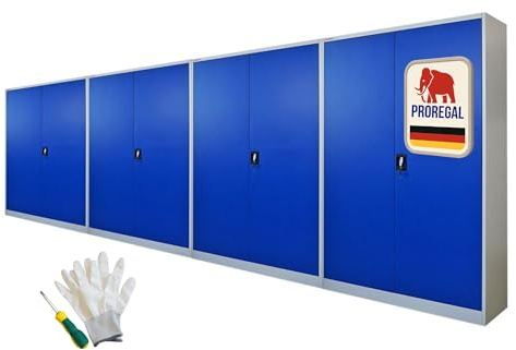 PROREGAL Mega Deal 4X Flügeltürenschrank Elephant Metall Aktenschrank abschließbar 2 Türen 180x120x40cm Stahl 4 Ebenen Stahlschrank Blau/Lichtgrau Werkstattschrank Mehrzweckschrank
