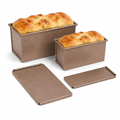 URMONA Set 2 Stampi Pane in Cassetta con Coperchio, Stampo Toast e Plumcake con Fori, Ideale per Pane e Dolci, Acciaio al Carbonio per Forno e Macchina del Pane (M+L, Oro Rosa)