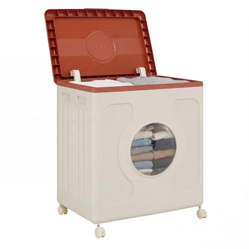 COSTWAY Cesta de Ropa Sucia con Tapa y Ruedas, 45 L Cesta de Lavandería Plegable con Ventana Transparente, Ropa Organización, Organizador Portátil de Plástico para Dormitorio y Baño (Blanco+Marrón)