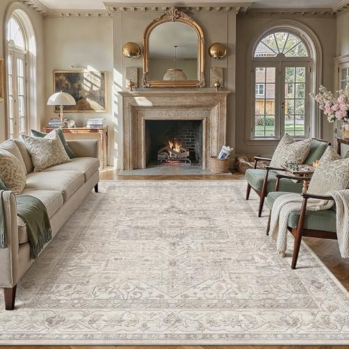 PureCozy Vintage Rugs Living Room Rug 200x300cm Beige Large Carpet | Retro Area Rug,Non Slip,Low Pile,Soft,for Living Room,Bedroom,Kitchen,Dining Room,Office