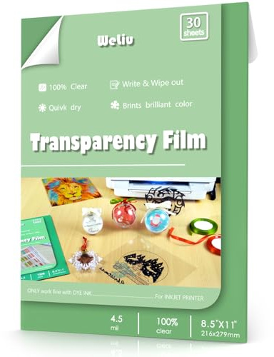 Weliu Transparency Film Sheets for Inkjet Printers 30 Sheets, 100% Clear Paper Acetate Sheets for Overhead Projector 8.5 X 11 Inches