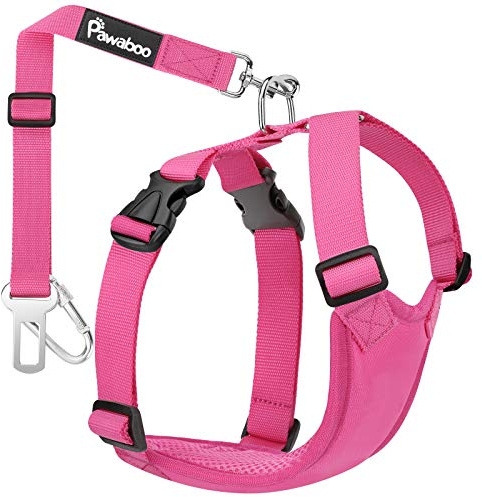 Pawaboo Pettorina di Sicurezza per Cani, Imbracatura Regolabile per Auto Cintura di Sicurezza con Moschettone per Animali Domestici Quinzaglio Regolabile per Auto, Taglia S, Magenta