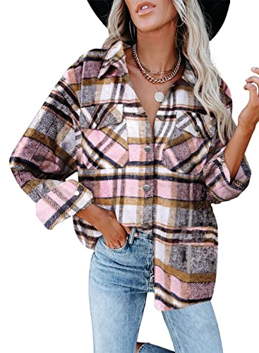 Iris Sprite Camicia a Quadri in Flanella per Donna - Maniche Lunghe - Camicia con Bottoni in Velour Costine, Rosa, XL