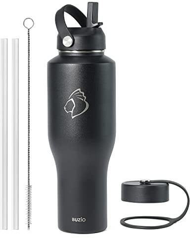 BUZIO 40oz Tumbler with Handle Straw Lid and Flex Lid, 40 oz Insulated Water Bottle Fits in Car Cup Holder, Double Wall Stainless Steel Travel Flask, Keeps Cold for 48 Hrs, Hot for 24 Hrs, Black