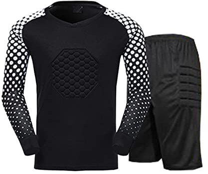 FEESHOW Kinder Jungen Torwarttrikot Fußball Training Outfit Gepolsterte Torwartshirts Shorts Protektorenhose Set Schwammschutz A_Schwarz 146-158