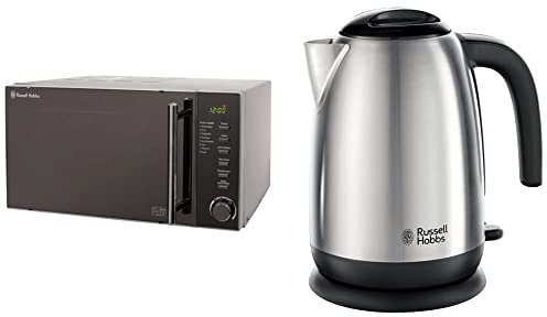 Russell Hobbs RHM2017 20L 800W Silver Digital Microwave, 5 Autocook Menus & 23910 Adventure Brushed Stainless Steel Electric Kettle, Open Handle, 3000 W, 1.7 Litre, Brushed Steel