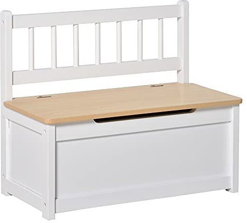HOMCOM 2 In 1 Wooden Toy Box, Kids Seat Bench Storage Chest Cabinet Organiser w/Safety Pneumatic Rod, 60 x 30 x 50cm - White