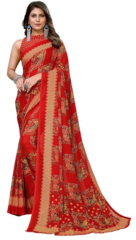 Yashika Sari estampado de moda Georgette púrpura de las mujeres con el material de la blusa, Red08, talla única