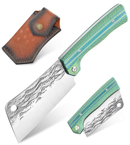 Freelander Hackmesser Klappbares Küchenmesser aus 4Cr13, Zweihand Klappmesser Outdoor Groß mit G10 Griff, Fleischmesser Japanisch Handgeschmiedet mit Scheide, Grillmesser fur Camping, BBQ, Grün