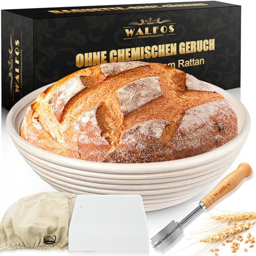 Walfos® Gärkörbchen Rund, Gärkorb zum Brotbacken-Set 23cm Aus Natürlichem Rattan, Profi gärkorb - mit Teigschaber + Bäckermesser für Hausbäcker Brot Backen.