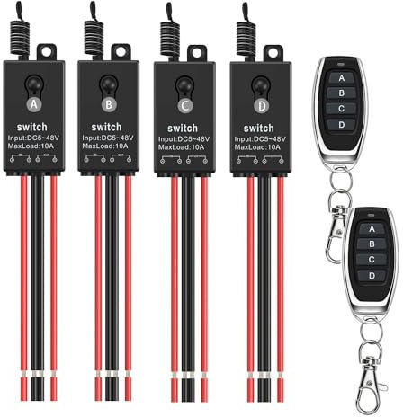Meskliu 12v funkschalter,4 Kanal Mini Funkschalter mit Fernbedienung,DC12V-48V 10A Funk Relais Wandschalter,Kabelloser Lichtschalter mit 328ft Long Range für Garagentor, Motor, Markise…