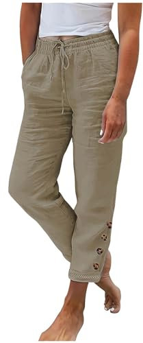 Jogginghose Damen Sommer Modische, Sale Leinenhose Leicht Luftig, Stoffhose Mit Gummizug, Einfarbige Damenhose Aus Baumwolle Und Leinen Mit Lockerem Kordelzug Und Knopf, Lässige Hose Mit Weitem Bein