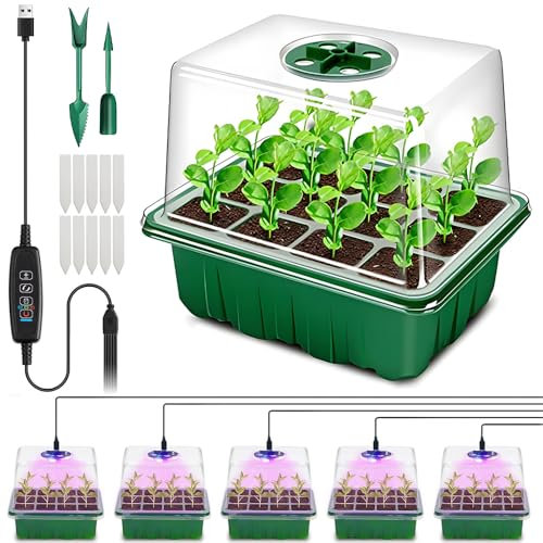 LUFEIS Zimmergewächshaus Anzuchtkasten, 5 Stück Zimmergewächshaus mit Licht, 60 Zellen Mini Gewächshaus Anzucht Set, Aufzuchtstation Für Pflanzen mit Timing-Controllerund, für Saatgutkeimung