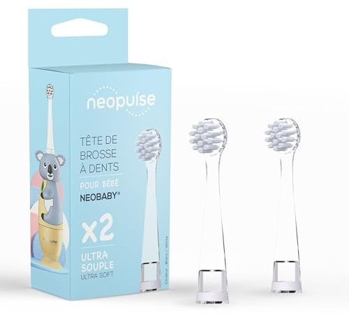 NEOPULSE NEOBABY - Recharge Têtes Brosse à Dents Ultra Souples Blanches x2 | En Nylon - Dès la 1ère dent (0-3 ans) - Adapté à la morphologie des bébés