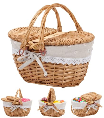 BigKing Picnic Basket, Cestino da Picnic in Vimini Con Coperchio e Manico, 26×18×15cm, Stile Country, Piccola Capacità per Picnic, Damigelle Che Portano Fiori e Spargono Petali Ai Matrimoni