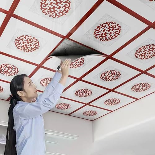 Pannelli Soffitto Boiserie Parete Piastrelle Adesive Per Soffitti Rosse E Bianche, Grandi Piastrelle Autoadesive Impermeabili/ Da Parete Per Il Bagno, Pannelli Di Rivestimento Per Soffitti(5 pack)