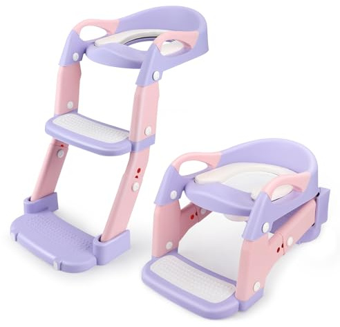 3 IN I Reducteur Toilette Enfant, Adaptateur Toilette Enfant avec Marche, Rehausseur Toilette Enfant Réducteur Toilette avec Coussin, Hauteur Réglable Pliable, Antidérapante,Adaptateur WC pour Enfant