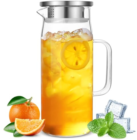 Glass Pitcher, Yeelua 1L Large Capacity Kettle with Removable Lid, Clear Glass Pitcher Carafe for Refrigerator, Hot Cold Water Jug, Beverage Carafe for Tea Cafe Lemonade