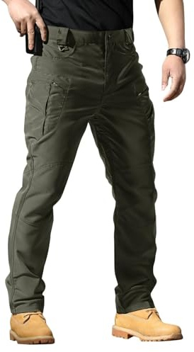 Pantaloni tattici da uomo, resistenti all'acqua, da trekking, con tasche multiple, elasticizzati, ad asciugatura rapida, ripstop, pantaloni da lavoro cargo da combattimento, Verde, L