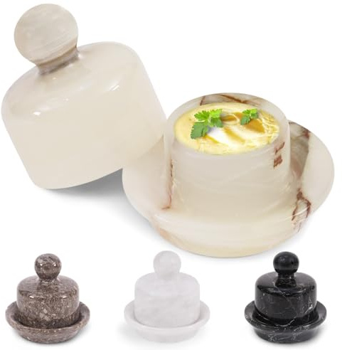 Mantequera de mármol pequeño de 4 pulgadas, recipiente de mantequilla untable de ónix blanco para encimera de cocina, jarra de mantequilla con tapa, almacenamiento en el hogar