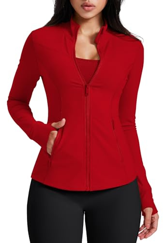 AVGO Running Jackets for Women Long Sleeve Zip Up Track Workout Jacket Cottony Soft Yoga Gym Top with Pockets (Red, Medium)