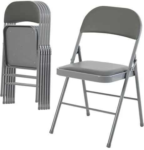 DUMOS 6 Pack Folding Chairs with Padded Cushion and Back - PU Leather Stackable Portable Dining Chiars Set, for Home and Office, Conference, Wedding, Party, Patio, Garden, for Indoor Outdoor, Grey