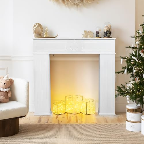USROCAS Kaminschrank mit Stauraum, Dekorative Kaminkonsole, Holz Kaminrahmen mit Regal, Kaminattrappe Schrank, 107x100cm, Weiß