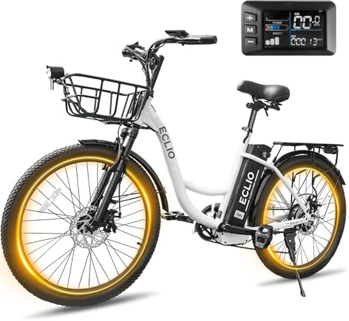 DDC SPORT 24'' Electric Bike, Peak 1000W/700W Motor 28/20MPH, 48V/36V Removable Battery, Step Thru City Cruiser Ebike, Commuter E Bike, 7-Speed, Front Basket, UL 2849 Standard (White-700W-10.4Ah)