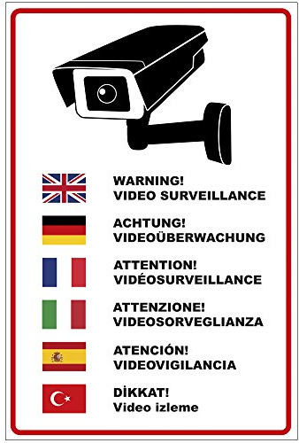 Skylten ”Ariktning videoövervakning” på flera språk av aluminium/dibond 200 x 300 mm – 3 mm stark