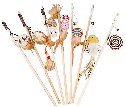CAMITER 7pcs Kitten Cat Toy Natural Feather Teaser,Feather Ball Mice Fish Interactive Cat Toys, Teaser Wand Pet Toy