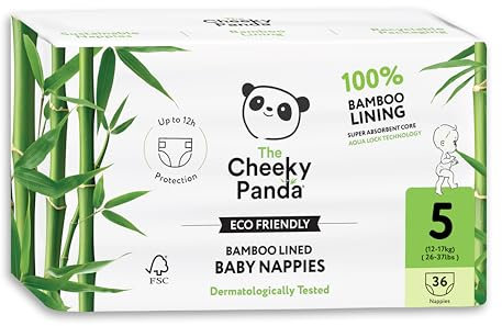 The Cheeky Panda - Baby Windeln aus Bambus - Größe 5 (12-17kg) - 36 Windeln - bis zu 12 Stunden Auslaufschutz - Nachhaltige Babywindeln mit super saugfähigem Kern - für empfindliche Babyhaut