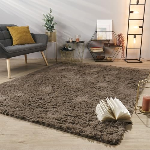 TT Home Teppich Wohnzimmer Hochflor Langflor Weich Soft Modernes Einfarbiges Design, Farbe: Beige Taupe, Größe:140x200 cm