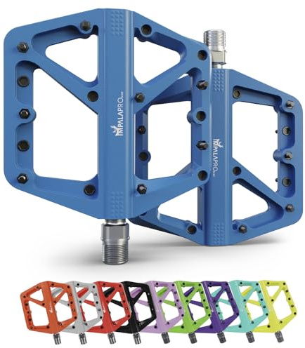 IMPALAPRO Pedales Bicicleta Plataforma Ancha de Nailon (115×113 mm) ultraligeros (180 g) – Pedales MTB y Carretera con 16 Pines Acero Inoxidable Antideslizantes y cojinete Sellado CR-MO (Azul)