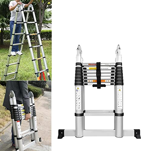 Folding Telescopic Ladder 6.2ft+6.2ft, Multipurpose Folding Aluminum Extension Ladder w/Stabilizer, Extendable Portable Loft Ladder EN131, Max Capacity 330LB