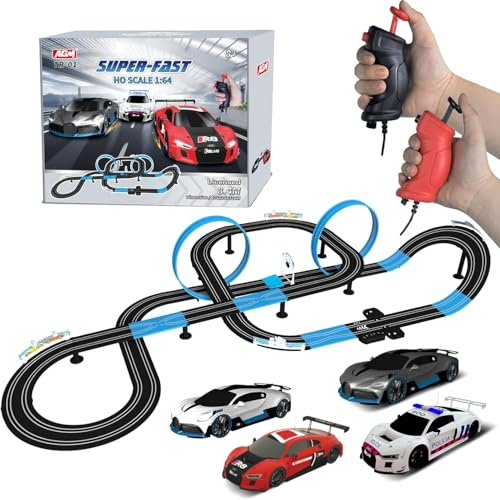 AGM MASTECH Juego de pista de carreras de coches de ranura, serie de alta velocidad, juego de doble pista con 4 coches de ranura de carreras con licencia, 2 controles manuales, piezas de pista y