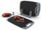 KPYTO Frühstücksbrettchen 4-er Set mit Ständer, 32x20 cm, spülmaschinenfest beidseitig rutschfest mit Saftrille und Griff Schneidebrett Set Kunststoff, mittlere Größe, schwarz-grau