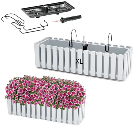 MELTOM Blumentopf Blumenkasten mit Halter Balkonkasten mit Bewässerungssystem (Weiss, XL-60)