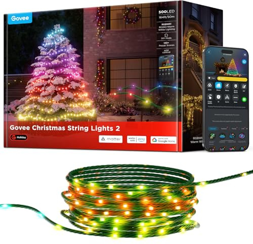 Govee RGBICW Weihnachtsbeleuchtung, 50M Smarte Lichterkette, 500 LEDs Christmas Lights für Weihnachtsbaum, APP-Steuerung,130+ Szenen-Modi, AIGC, Shape Mapping, Kompatibel mit Alexa, Grünes Kabel