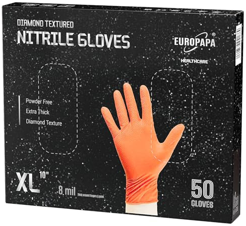EUROPAPA 50 guantes de nitrilo extragruesos de 8 g, con agarre de diamante, color negro y naranja, perfectos agarres, guantes de protección de montaje, guantes de trabajo sin polvo (Naranja, XL)