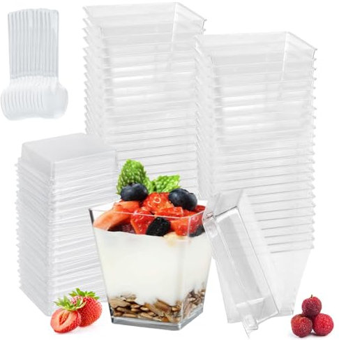 LPAMABA 50 Pz Coppette Dessert Plastica da 7OZ,Ciotole per Dolci al Cucchiaio,Bicchieri per Coppe Gelato con Coperchi e Cucchiai Plastica,Tazze da Dessert per Dessert Budino Mousse Festa