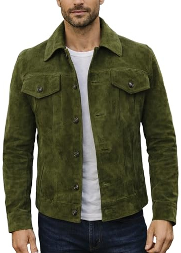 Fashion_First Giacca da camionista da uomo in pelle scamosciata, stile western cowboy, giacca in vera pelle, Verde, M