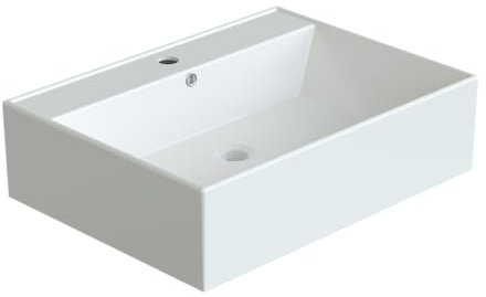 Waschbecken aus Keramik Weiß Eckig 59 x 44 cm Aufsatzwaschbecken für Waschtisch Unterschrank Waschplatz Gäste WC Hängewaschbecken Handwaschbecken mit Hahnloch Überlauf | OHNE Wasserhahn Ablaufventil