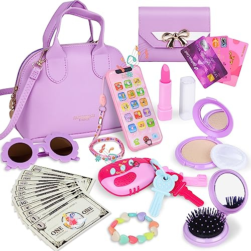 Learn2M Sac à Main pour Tout Petits Filles avec Accessoires,Maquillage pour Enfants,Portefeuille,Un Téléphone,Lunettes de Soleil,Clés,Cartes de Crédit,Cadeau pour Les Filles 3 4 5 6 Ans