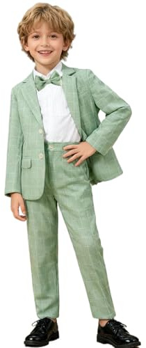 LOLANTA 3-Piece Boys' Green Plaid Suit Set, Page Boy Wedding Outfit with Blazer, Trousers & Bow Tie(LightGreen,7-8 Years,Tag 130)