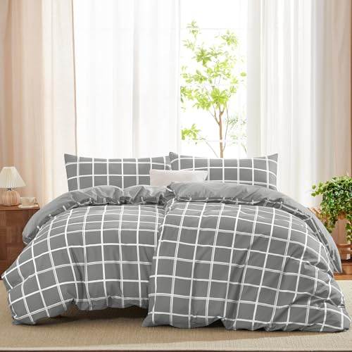 WAVVE Bettwäsche 135x200 4teilig Bettbezug Mikrofaser Bettwäsche-Sets 135 x 200 cm 2er Set mit 2 Kissenbezüge 40x80cm, ÖKO-TEX, Wendebettwäsche Bedding Grau Karomuster Muster mit Reißverschluss