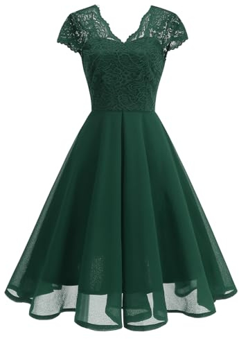 OMEWEE Robe de cocktail vintage des années 1950 pour femme en dentelle contrastée et mousseline de soie, robe swing A-line mi-longue pour thé dansant, manches courtes, élégante, semi-formelle, pour