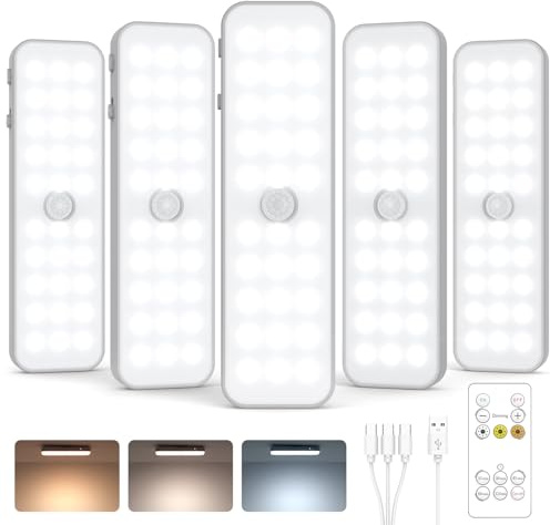 GOODEA 5 Pack Under Cabinet Lighting Wireless, Small 6'' Led Rechargeable Motion Sensor Light Indoor, 3CCT Dimmable Closet Light, Stick on Magnetic Under Counter Light for Pantry, Bookshelf, Stairs